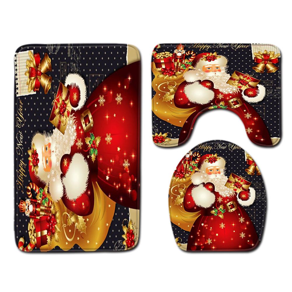 Christmas Shower Curtain Floor Mat Combination Four-Piece Set Bathroom Toilet Carpet Shower Room Mat Foot Mat