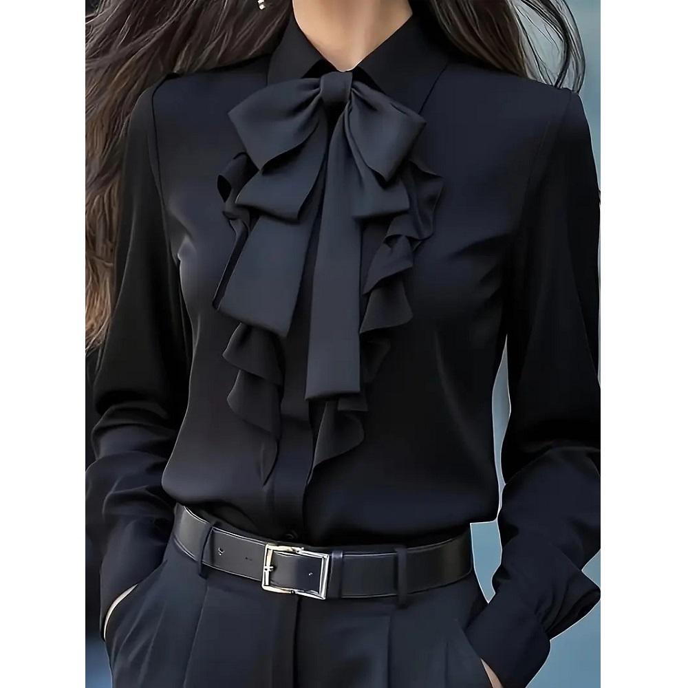 Women Autumn Blouses and Shirts Solid Color Long Sleeve Bow Decoration Casual Business Workwear Shirts Tops