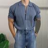 Men Shirt Knitted Short Sleeves Collar Single-breasted Color Stretchy Solid Turn-down Cardigan Loose Daily Wear Casual Top