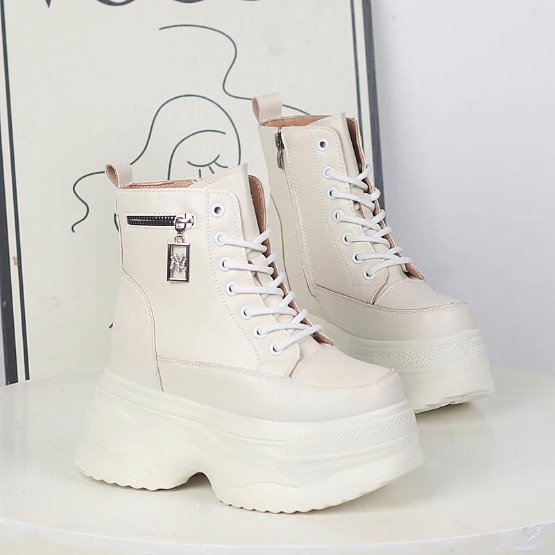 Модные 12 см кроссовки на платформе и танкетке из натуральной кожи, весна-осень, ботильоны до щиколотки, женские ботильоны смешанных цветов на скрытой платформе