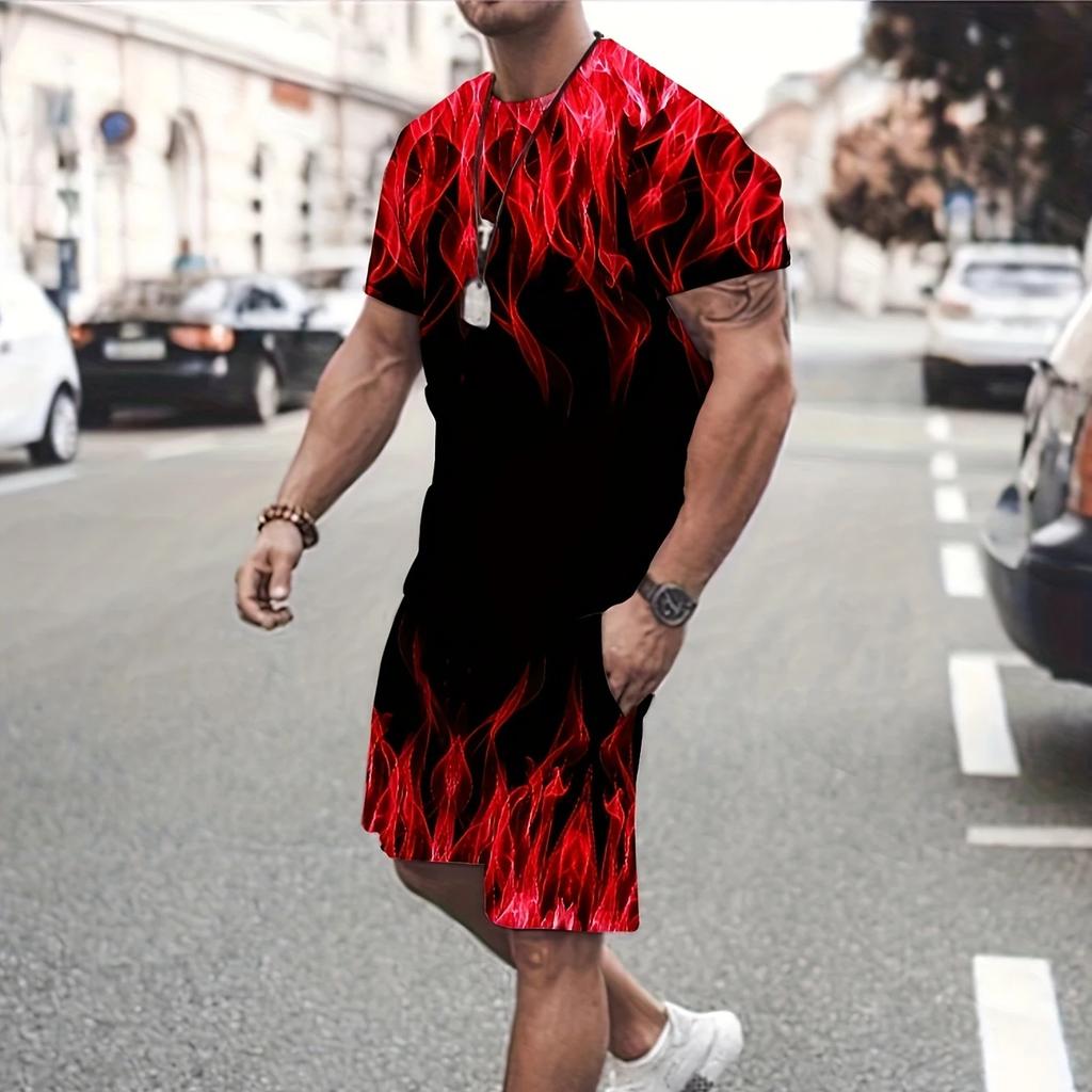 Мужской летний повседневный комплект из двух предметов с 3D-дизайном в виде пламени