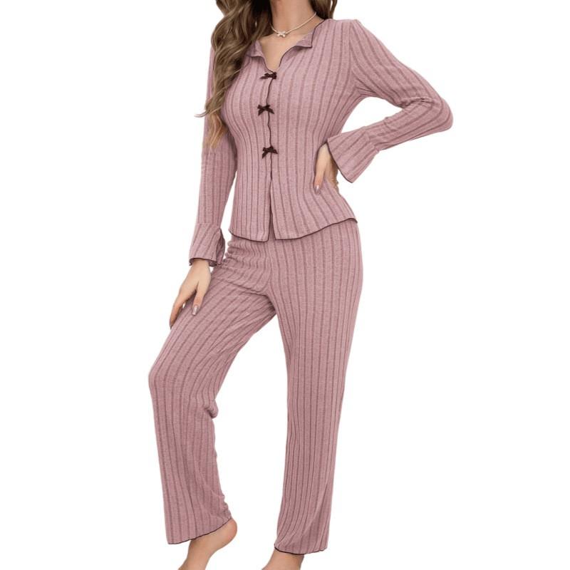 Womens Fleece Pajama Set With Collar Bow Long Sleeve Pants Cozy Home Lounge Sleepwear Winter
