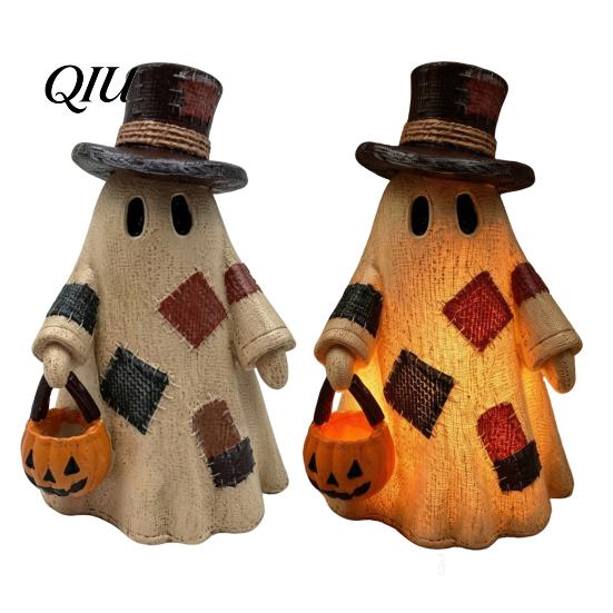 Seasonal Farmhouse Style Crafts Lighted Patchwork Ghost Resin Figurine with Pumpkin Lantern, Rustic Halloween Whimsical Autumn Home Accents