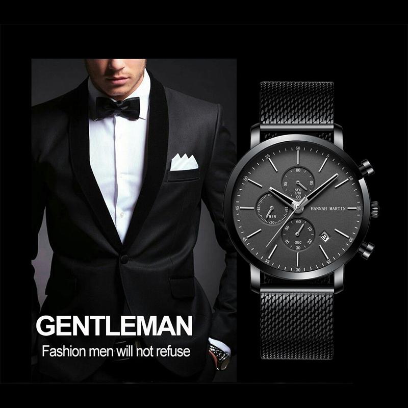 Hannah Martin Men Quartz Watches Top Brand Fashion Multifunction Small Dial Mesh Business Waterproof Wrist Watches