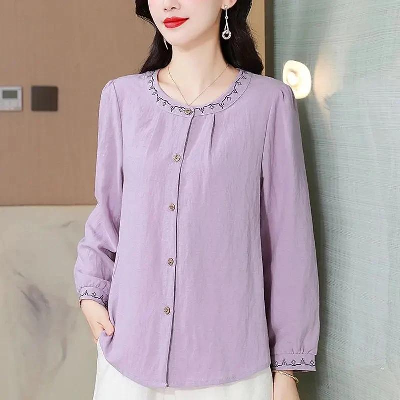 Вышитая хлопково-льняная рубашка для женщин на начало осени, новая, свободная, скрывающая живот, универсальная, с длинным рукавом, хлопково-льняные блузки