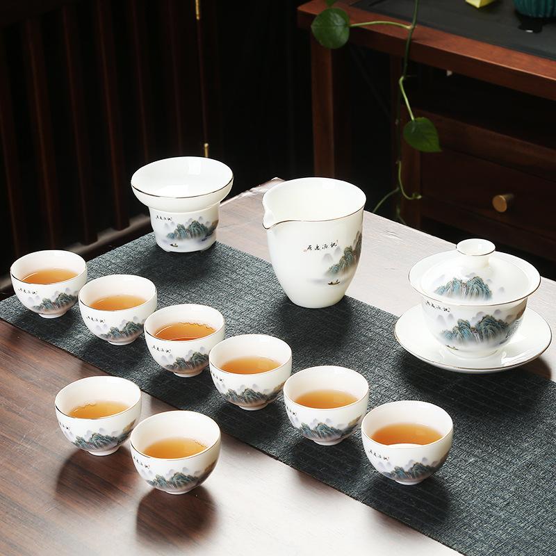 Company event business gifts, printed mutton fat jade porcelain Kung Fu tea set set, home gift gift