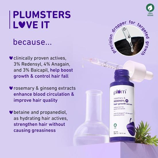 Сыворотка для роста волос Plum | С розмарином, 3% Redensyl, 4% Anagain, 3% Baicapil и экстрактом женьшеня | Уменьшает выпадение волос,|Для мужчин и женщин | 30 мл