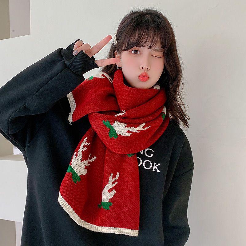 Красный шарф Санта-Клауса для женщин на зиму, универсальный, утолщенный и теплый, для студентов, для пары, новогодний подарок, вязаный длинный шарф