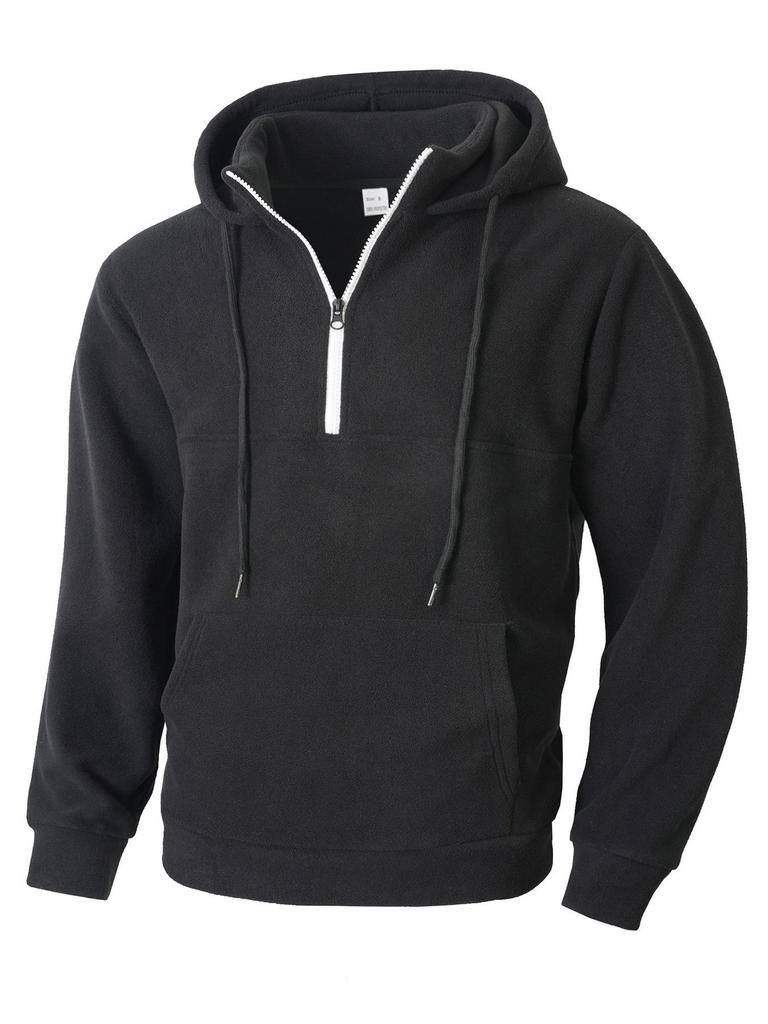 Men's Thick Hooded Sweatshirt, Stand Collar Half-Zip, Long Sleeve, Autumn/Winter, European Size, Casual Style.