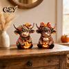 Thanksgiving Theme Ornament 2PCS Highland Cow Ornament, Wooden Rustic Style Figurine, Polished Wood Art Art, for Entrance Living Room Decor Figurine