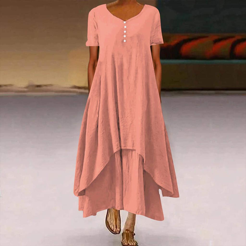 Женская мода Boho сплошной цвет с коротким рукавом свободное повседневное нерегулярное платье