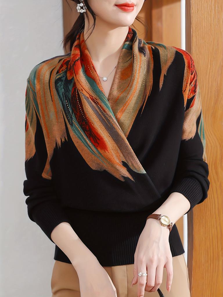 Женский элегантный трикотажный свитер с длинными рукавами, мягкий и теплый, с перекрещенным вырезом горловины, базовый свитер с V-образным вырезом с принтом