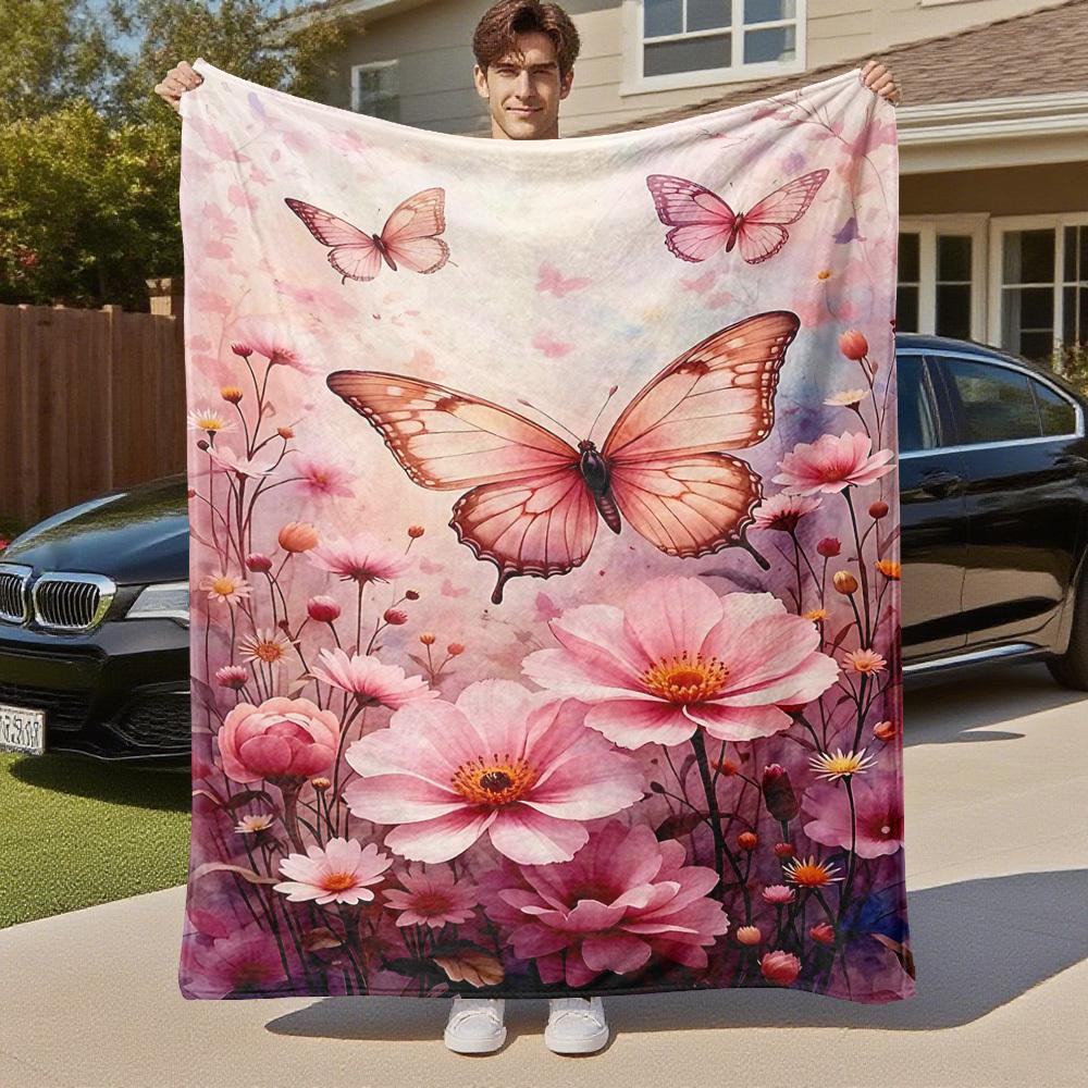 1pc Butterfly Flowers Outdoor Flannel Blanket Soft Warm All-Season Throw for Sofa Bed Car Camping Office, Cozy Gift Idea1181S