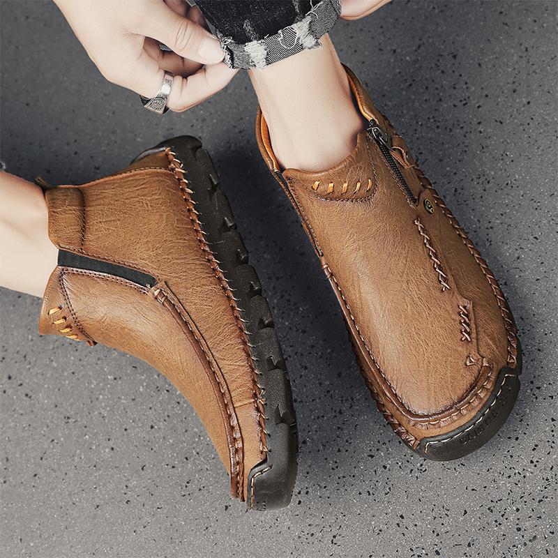 Stylish Men Winter Plush Snow Boots Side Zipper Men Low Top Casual Shoes Leather Male Motorcycle Boots Travel Men's Ankle Boots