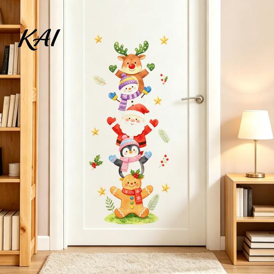 Xmas Cabinet Stickers Watercolor Christmas Stack?Up Characters Wall Stickers, Removable Self?Adhesive Door Holiday Gift for Friends Sticker, Santa