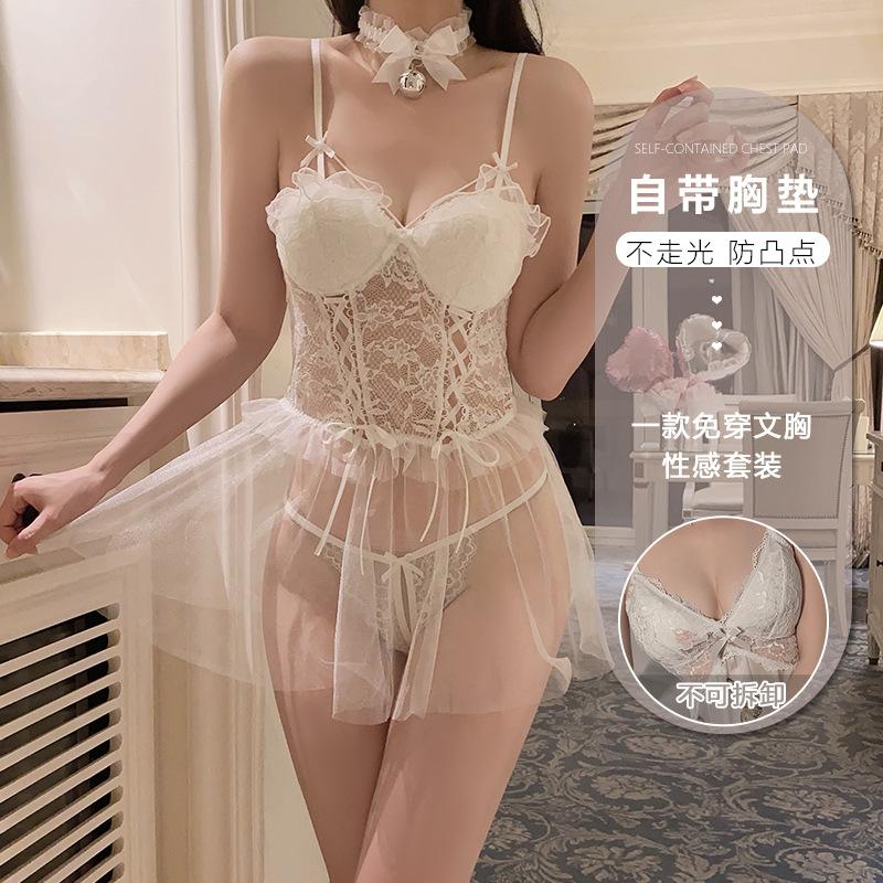 Women's Plus Size Sheer Mesh Deep V Padded Lingerie Sleep Dress Set