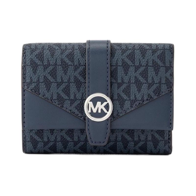 Michael Kors Зеленый металлический логотип, трехстворчатый кошелек из покрытого холста, средний, унисекс, для пары, темно-синий