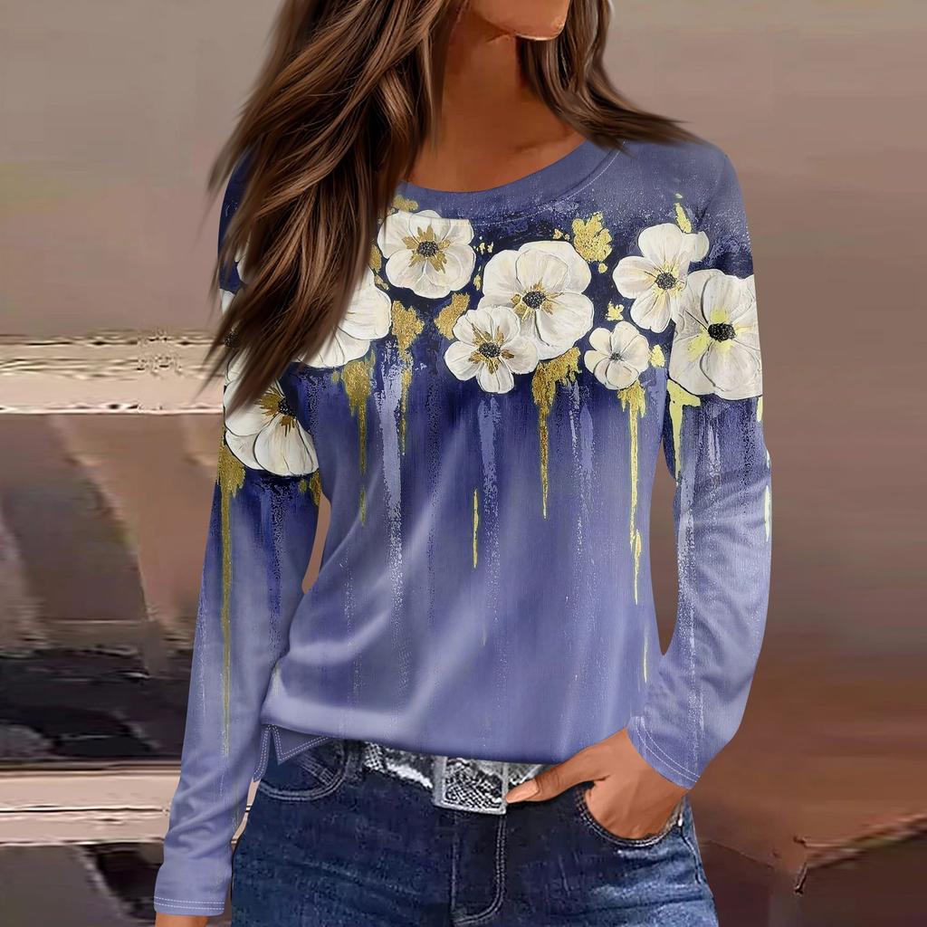 Women's Fashion Casual Slit Hem Round Neck Long Sleeve Loose  Printed T-Shirt Ladies Top