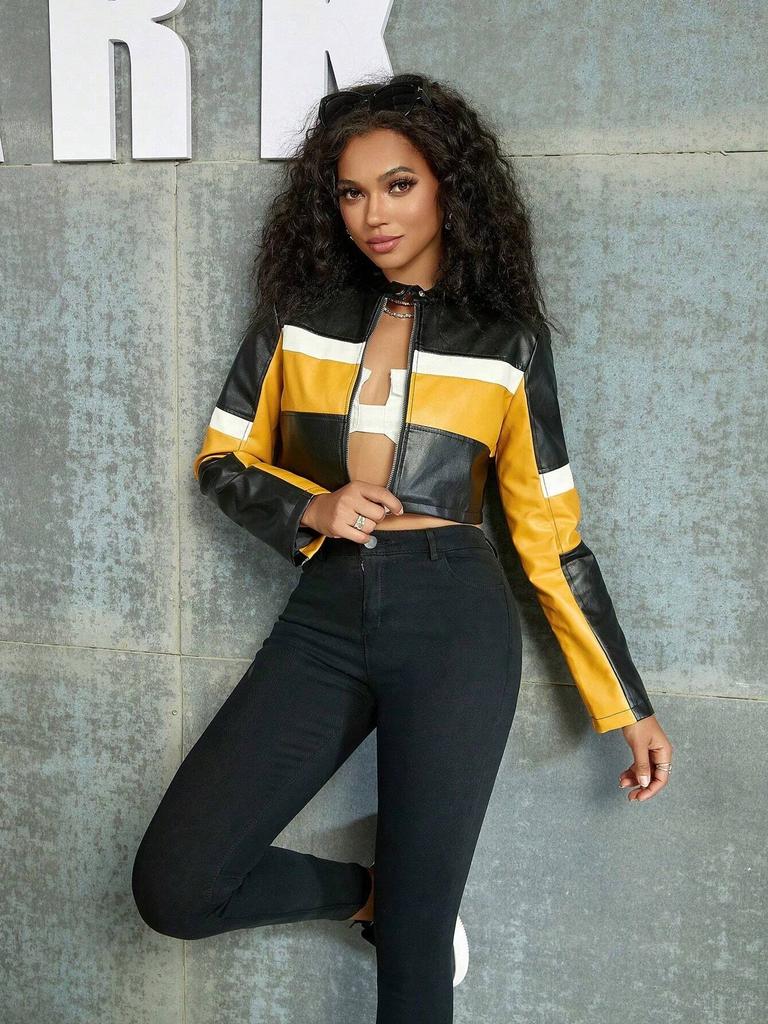 Укороченная байкерская куртка Rose Beauty A Street Colorblock из лакированной искусственной кожи на молнии