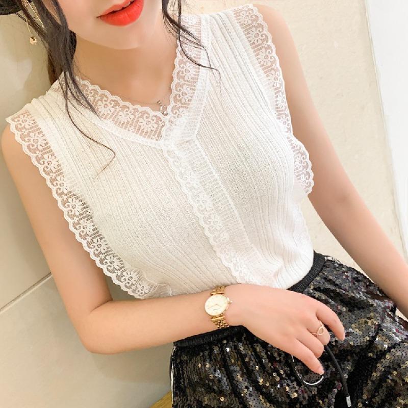 Sweet V-neck Hollow Lace Knit Small Vest Female Korean Version Slim-fit Outside Wear Inside Sleeveless Blouse Base Small Shirt