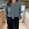 2021 Spring  Chiffon Women Blouse Fashion Office Lady Long Sleeve Solid Women Shirt With Tie V Neck Loose Top Female 13022