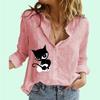 Women Fashion Cat Print Shirt Spring&summer Cotton Linen Top Ladies Casual Long Sleeved Blouses