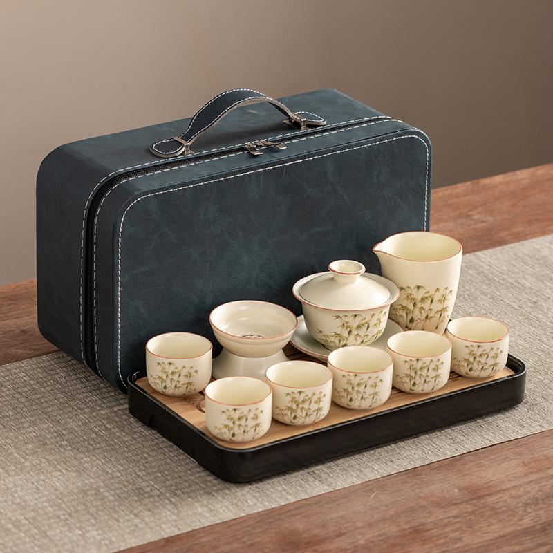 High-end Huang Ru Kiln Travel Kung Fu Tea Set Household Portable Cover Bowl Teacup Teapot Light Luxury Business Gifts