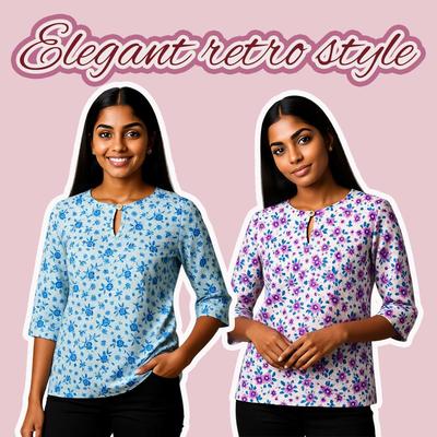 Винтажная повседневная блузка, для женщин, стрейч-конопля, цветочный принт, круглый вырез, рукава три четверти, элегантный свободный топ