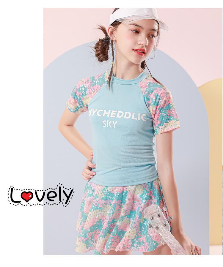 Мода для девочек-подростков, летний пляжный комплект из 2 предметов, комплект купальников бикини, топ и юбка с короткими рукавами с принтом, детский купальный костюм танкини из горячих источников