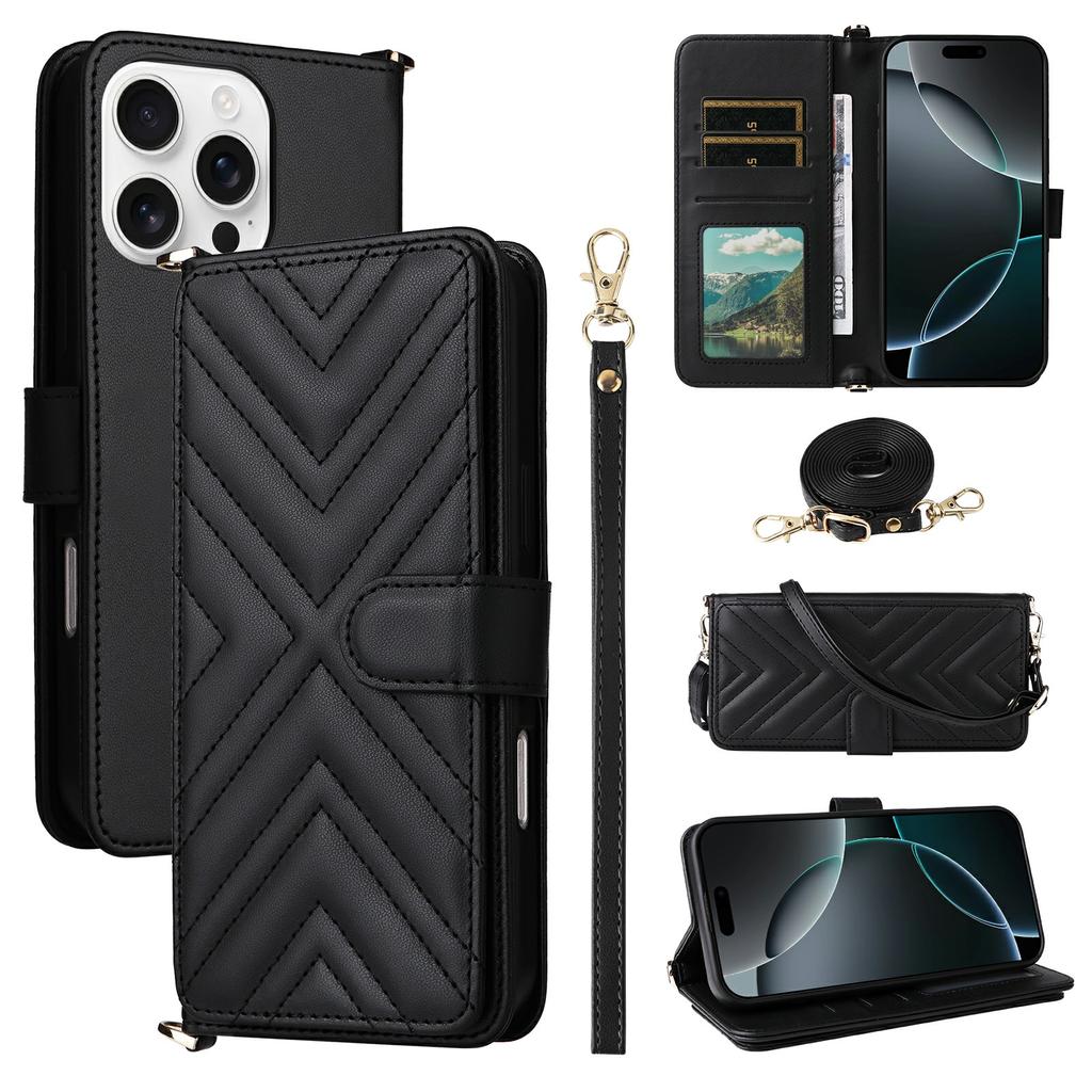 For iPhone 16 Pro Max Wallet Case with Shoulder/Wrist Strap Leather Phone Cover Stand
