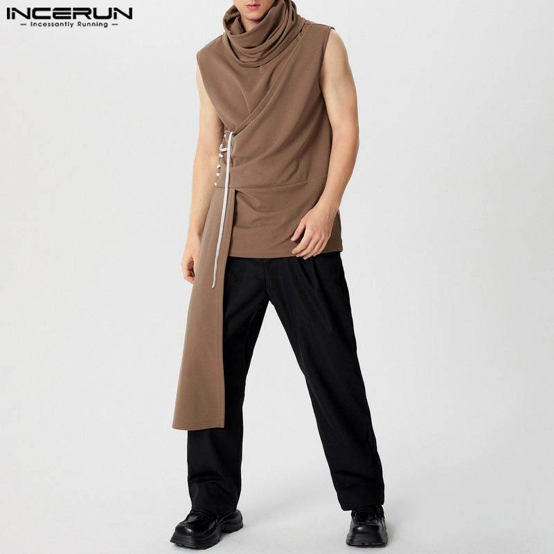 INCERUN Men High Cowl Neck Irregular Stitching Sleeveless T-shirt Casual Ruffled Tops