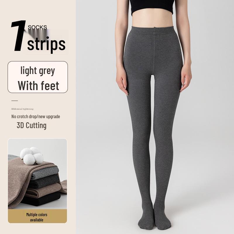 Женские серые колготки в вертикальную полоску - Не сползающие, с плюшевой подкладкой, плотные, теплые, с компрессионным эффектом для похудения для ношения весной, осенью и зимой.