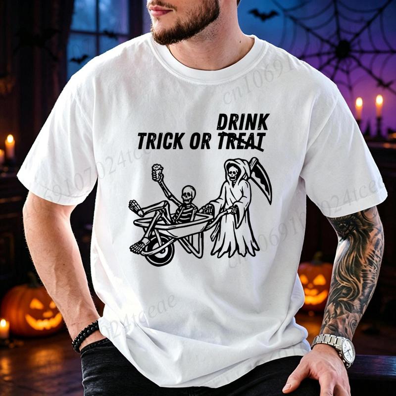 Funny Adult Trick Or Treat Graphic Unisexs Tshirts Halloween Trick Or Drink T Shirt Shirt Short Sleeve Tops Spooky Season Tops