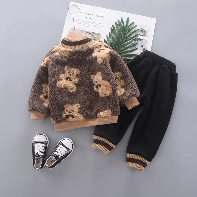 Зимний новый детский круглый вырез с принтом в виде медведя в стиле вестерн плюс толстый бархатный свитер из двух частей