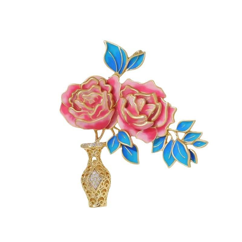 Chinese-style Peony Vase Brooch, High-end Women's Exquisite Enamel Brooch, Niche Design Sense Brooch