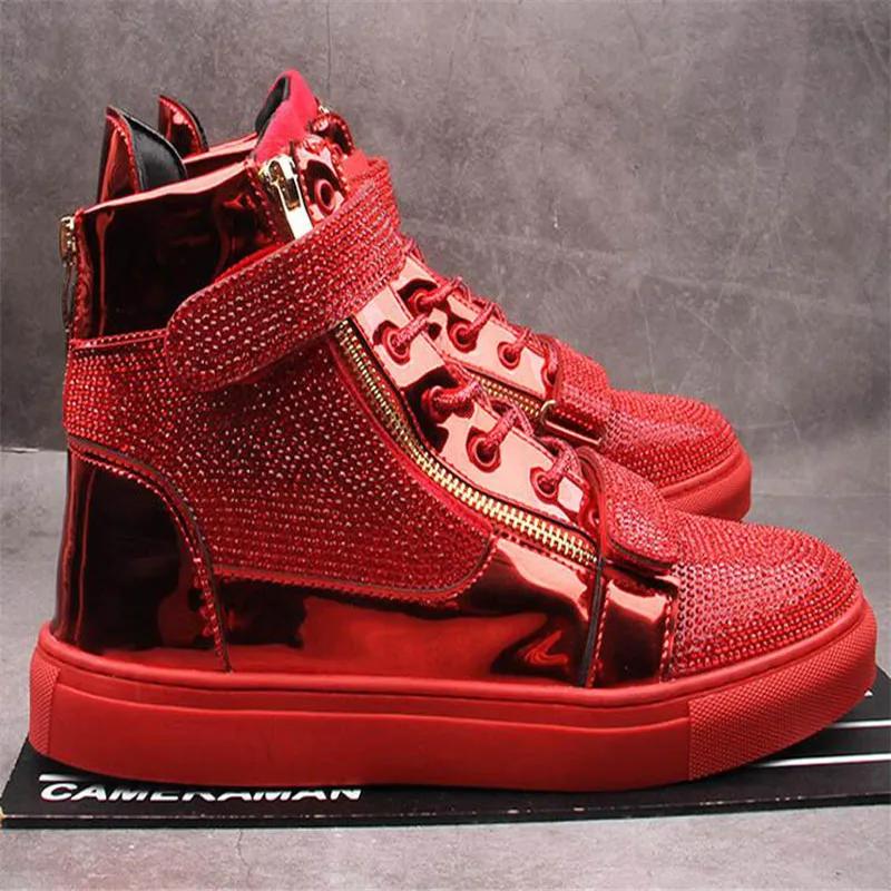 Модные новые дизайнерские мужские блестящие стразы высокие кроссовки повседневные туфли на плоской подошве скейтборд кроссовки на толстой подошве мужская обувь