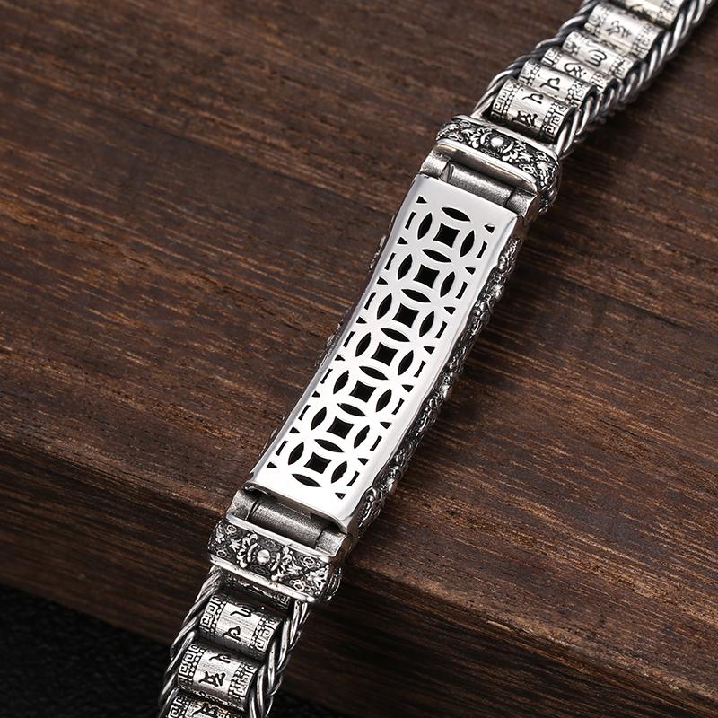 New Silver Bracelet Men's Personality Style Retro Creative Hand-woven Six-character Mantra Barrel Bead Chain for Boyfriend Gift