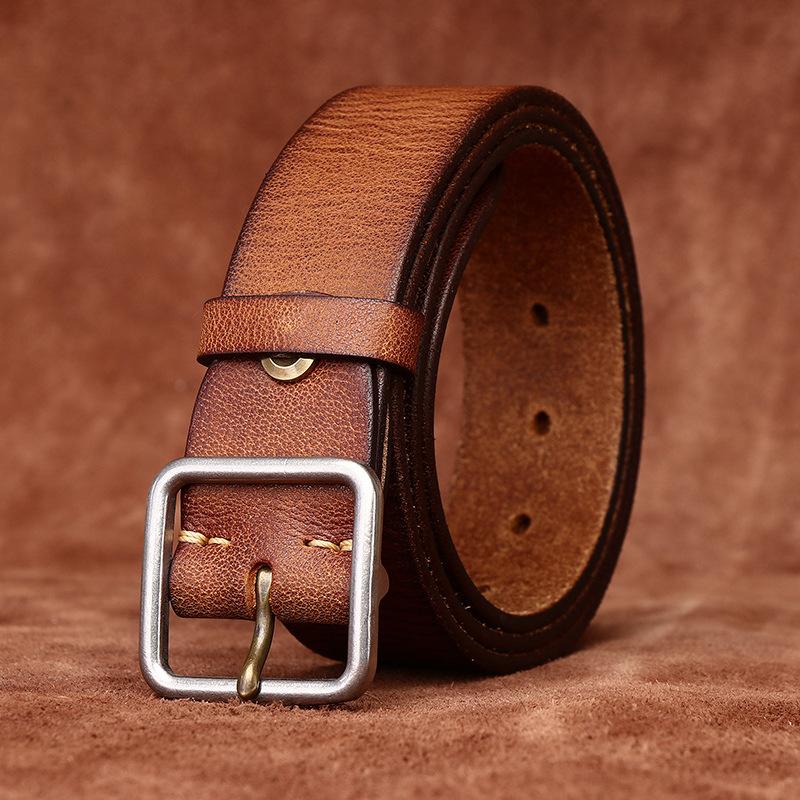 Stainless Steel Buckle Belt Men's Genuine Cattlehide Leather Surface Retro Simple Casual All-Match Jeans Belt Men