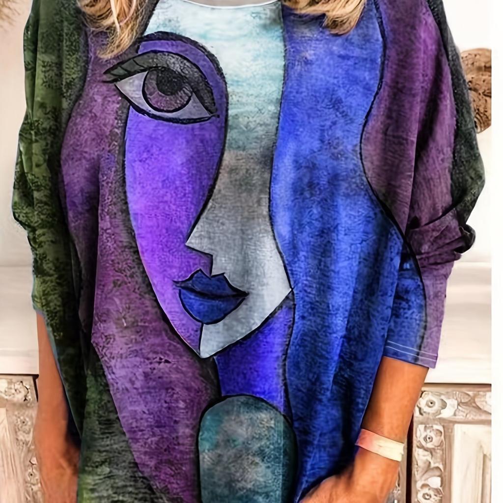 Large Size Casual T-Shirt, Women's Abstract Printed Long Sleeve Round Neck Medium Stretch T-Shirt