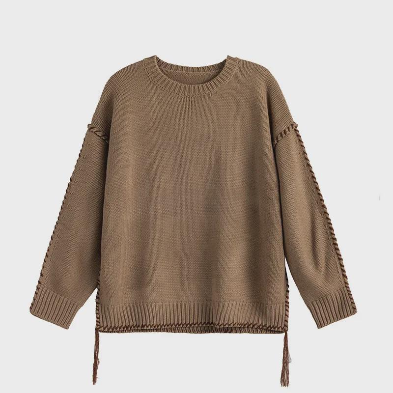 Boys' Trendy Retro Loose Coffee-Colored Knitted Sweater for Autumn and Winter