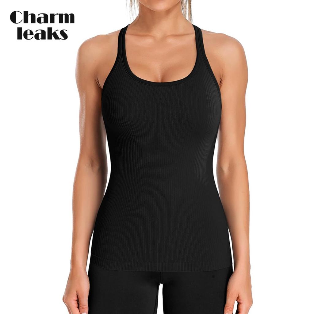 CHARMLEAKS Женские майки для тренировок в рубчик со встроенным бюстгальтером. Плотный спортивный топ с круглым вырезом и борцовкой.