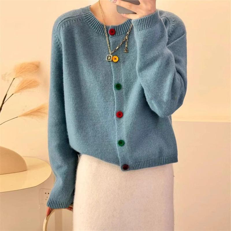 Autumn and Winter Short Sweater for Women Korean Color Button Round Neck Knitted Cardigan for Women