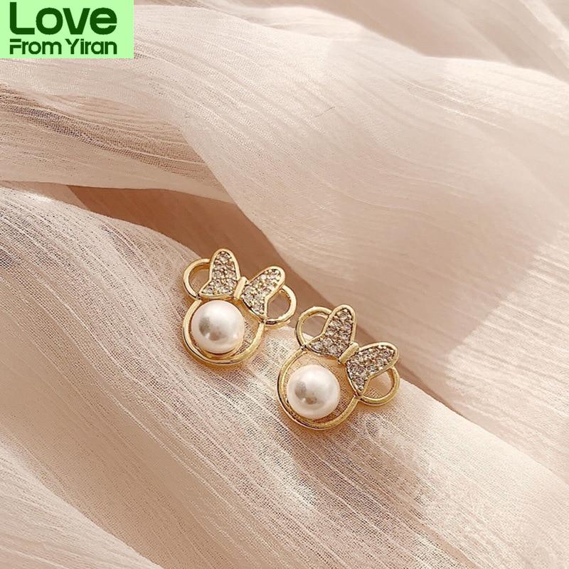 Women Earring Silver Needle Pearl Bow Mouse Earrings