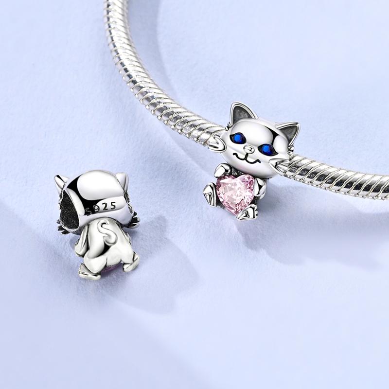 Cute Cat Pink Heart Beads Copper Original Beads Fit Original Charms Bracelet Beads Jewelry Fine Gifts For Women