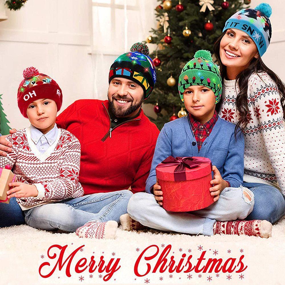 Xmas Tree Snowman Cartoon Knitted Cap Sweater Beanie Christmas Hat LED Hat