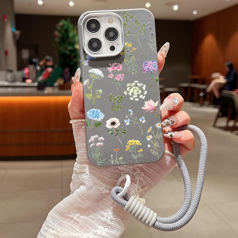 Модный матовый противоударный чехол из ТПУ с цветочным принтом для iPhone 16 Pro Max 15 Pro 14 13 12 11, мягкий ремешок для защиты линз, тонкий кожаный чехол для телефона с текстурой