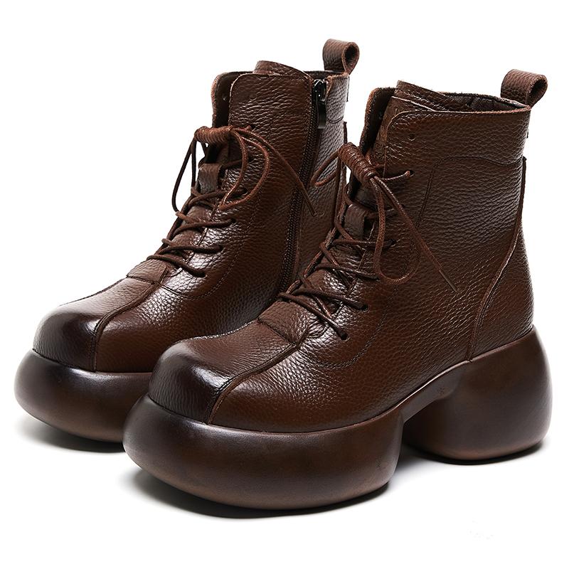 Fashion GKTINOO Women Genuine Leather Thick High Heel Ankle Boots Genuine Leather Handmade Retro Platform Thick Plush Warm Casual Boots