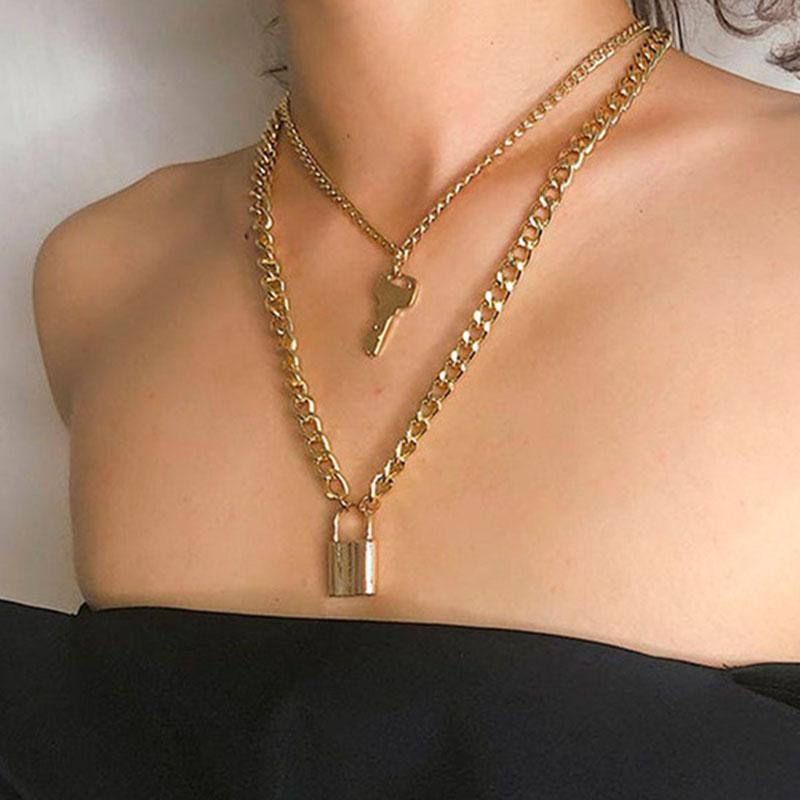 Винтажное креативное колье в стиле панк, преувеличенная толстая цепочка, ювелирное изделие, ключ с замком, двухслойное ожерелье, женское металлическое ожерелье на шею в стиле хип-хоп