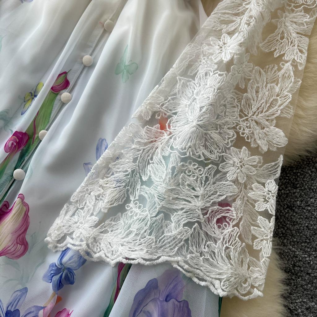 Весна Осень Женские Элегантные Кружева Расклешенные Рукава Глубокий V-образный Вырез Принт Длинные Макси Праздничные Платья Для Вечеринок