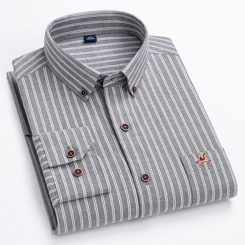 New Cotton Oxford Long Sleeve Business Men Striped Shirts Regular Fit Logo Male Casual Plaid Shirts with Front Pocket